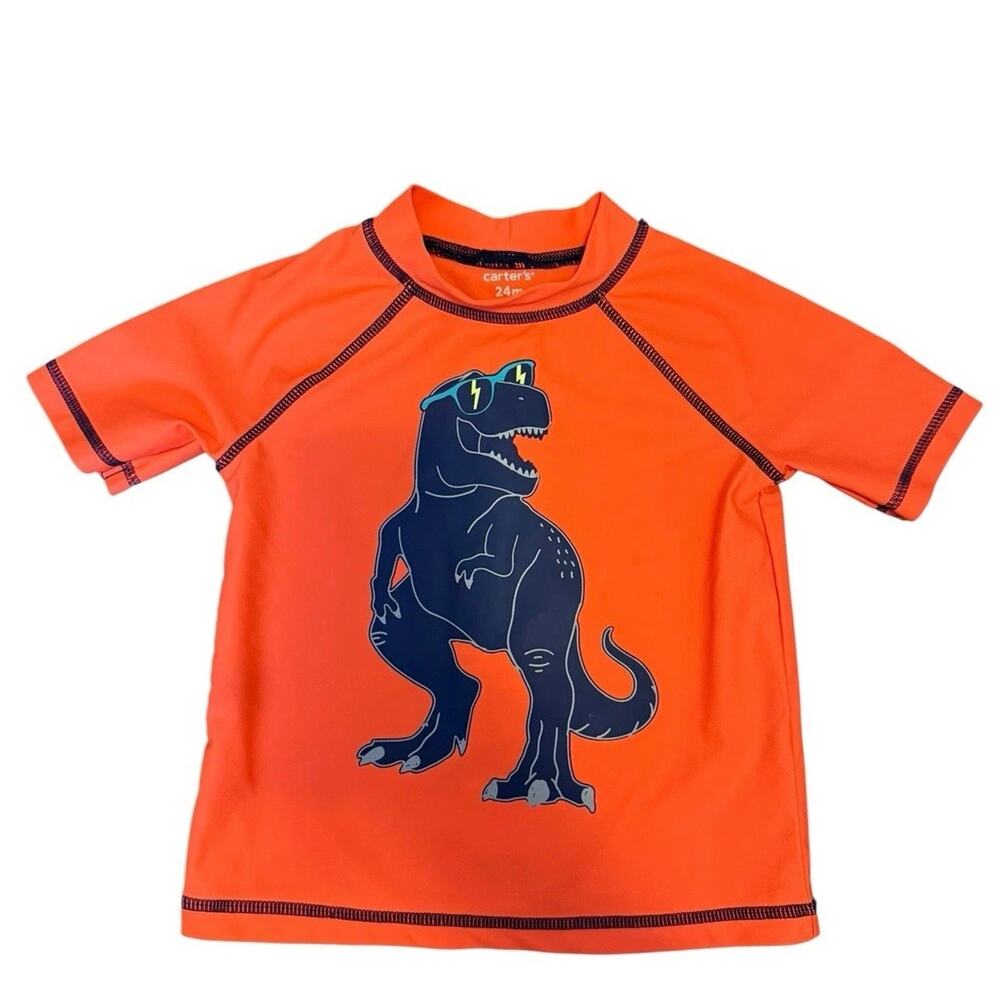 Carter's Boys Swim Shirt Orange Dinosaur Beach Pool Rashguard Kids Toddler 24M